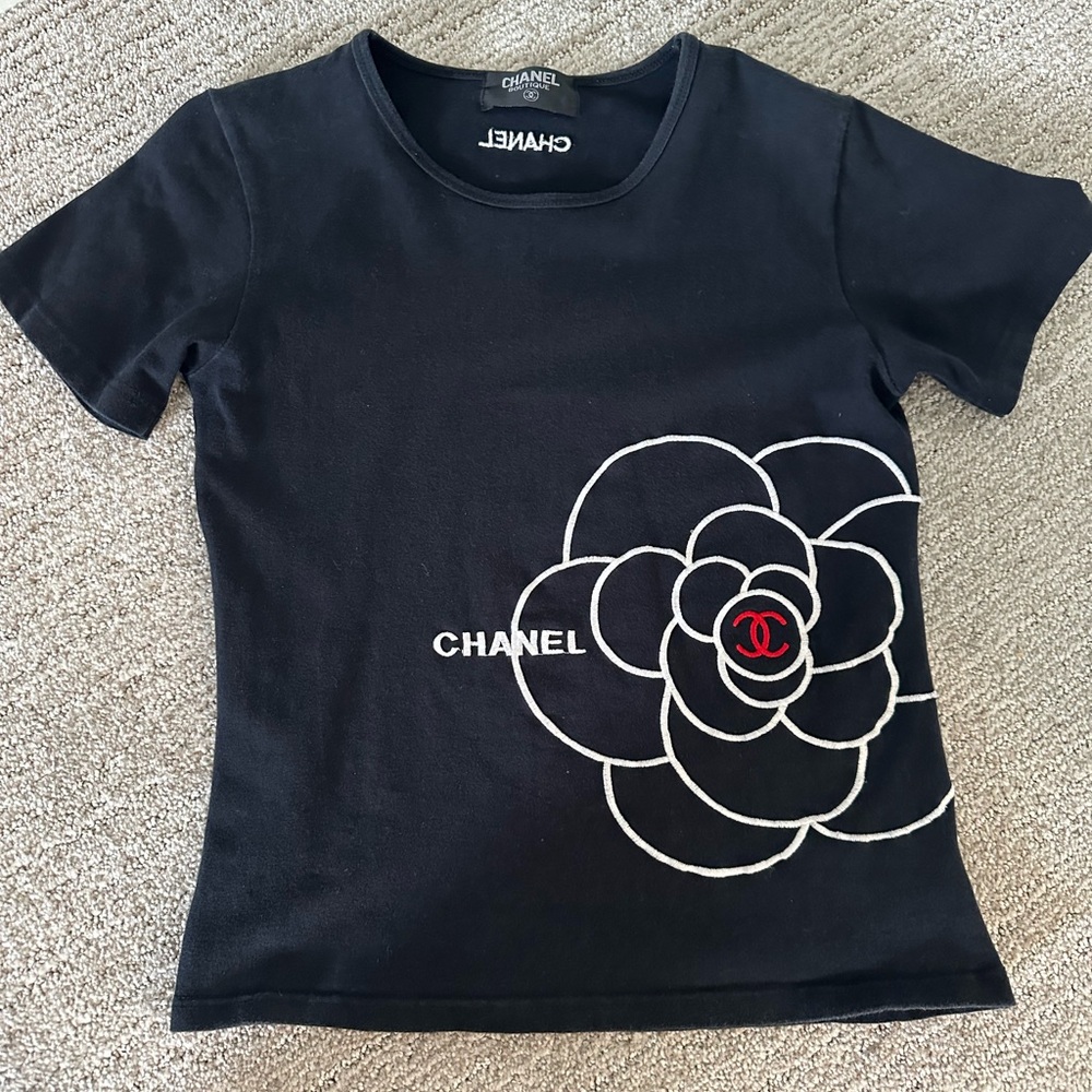 Chanel  Black T-Shirt with Floral Design